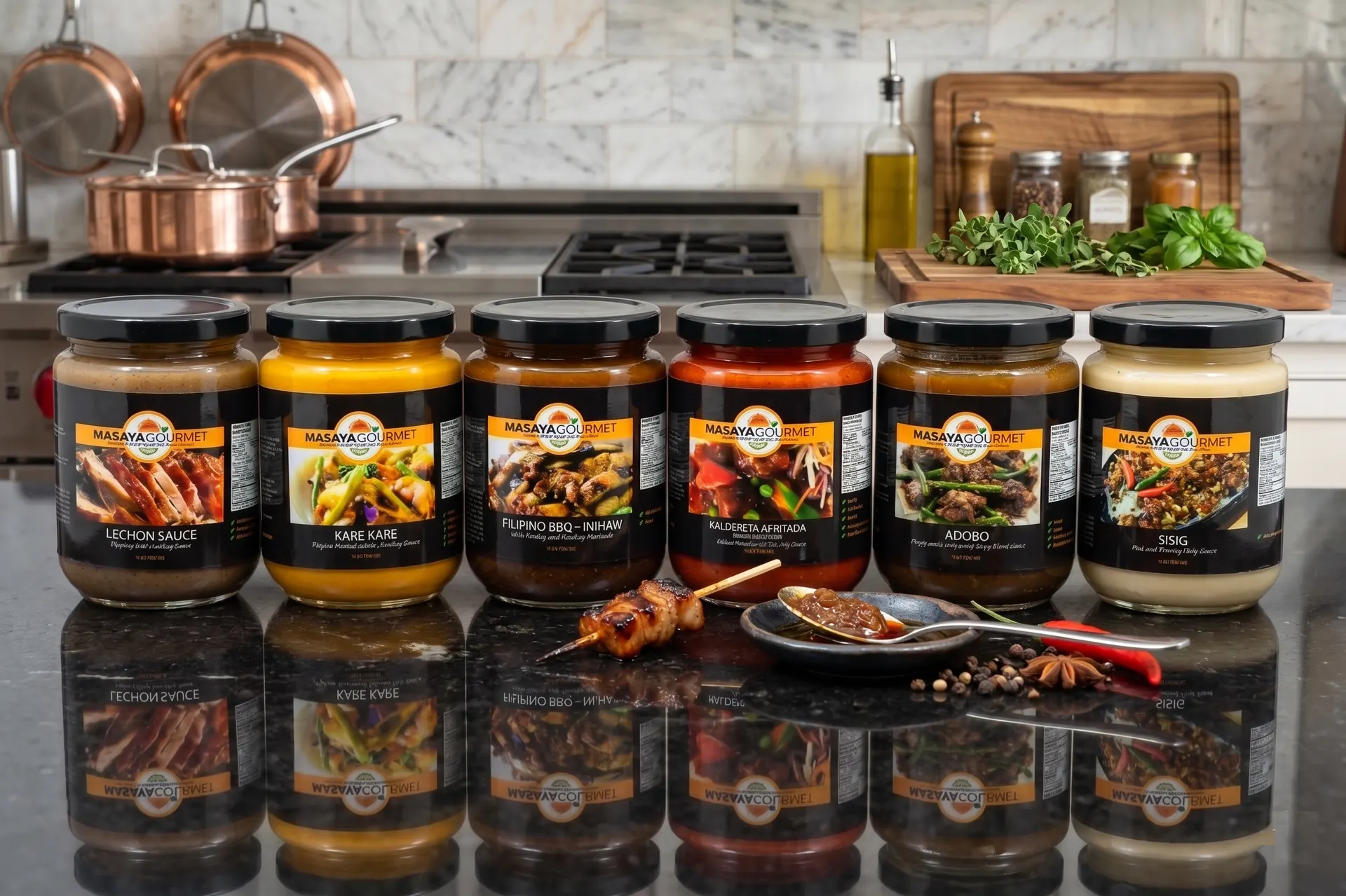 Masaya Gourmet — the six artisanal Filipino sauces, photographed in the kitchen